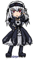 Rule 34 | 00s, 1girl, black dress, boots, choker, dress, flower, frilled sleeves, frills, full body, hairband, hand on own hip, lolita hairband, long sleeves, rose, rozen maiden, silver hair, simple background, solo, standing, suigintou, white background