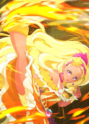 Rule 34 | 1girl, amamiya elena, blonde hair, brooch, commentary request, cure soleil, dark-skinned female, dark skin, dress, earrings, fire, frilled cuffs, frilled dress, frills, frown, hair ornament, hair pulled back, hair scrunchie, hairband, head chain, high kick, highres, jewelry, kicking, long hair, looking at viewer, magical girl, mochi curry, mole, mole under eye, necklace, off-shoulder dress, off shoulder, open mouth, orange dress, partial commentary, pink hairband, pouch, precure, purple eyes, scrunchie, short dress, shorts, shorts under dress, solo, standing, star (symbol), star brooch, star hair ornament, star twinkle precure, upskirt, very long hair, white shorts