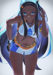 Rule 34 | 1girl, :q, adjusting hair, armlet, armpits, bare legs, bare shoulders, belly chain, bike shorts, black hair, blue eyes, blue eyeshadow, blue hair, blush, breasts, closed mouth, commentary request, creatures (company), dark-skinned female, dark skin, dynamax band, earclip, eyelashes, eyeshadow, game freak, gloves, grey background, gym leader, hand on own hip, hand up, haska (user gure4787), highres, jewelry, leaning, leaning forward, light blue hair, long hair, looking at viewer, makeup, medium breasts, midriff, multicolored hair, naughty face, navel, necklace, nessa (pokemon), nintendo, parted bangs, partially fingerless gloves, pokemon, pokemon swsh, short shorts, shorts, sidelocks, single glove, smile, solo, standing, straight hair, tank top, tongue, tongue out, two-tone hair, very long hair, white background, white shorts, white tank top