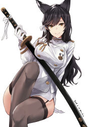 Rule 34 | 1girl, animal ears, arm behind back, arm support, atago (azur lane), azur lane, black hair, black thighhighs, breasts, closed mouth, commentary request, dated, extra ears, flower, garter straps, gloves, hair flower, hair ornament, highres, holding, holding sword, holding weapon, katana, knee up, large breasts, leaning, long sleeves, medal, military, military uniform, mole, mole under eye, nabeshima tetsuhiro, pencil skirt, ribbon, sheath, sheathed, sidelocks, sitting, skirt, smile, solo, swept bangs, sword, thighhighs, twitter username, uniform, weapon, white background, white gloves, white ribbon, white skirt, zettai ryouiki