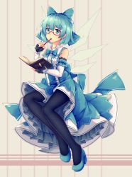 Rule 34 | 1girl, alternate costume, bespectacled, black gloves, black pantyhose, blue bow, blue bowtie, blue eyes, blue footwear, blue hair, book, bow, bowtie, cirno, commentary, detached sleeves, dress, fingerless gloves, glasses, gloves, grey background, hair between eyes, hair bow, high heels, highres, holding, holding book, holding pencil, layered dress, looking to the side, mechrailgun, open book, pantyhose, pencil, pencil to face, red-framed eyewear, semi-rimless eyewear, short hair, sitting, solo, striped, striped background, touhou, under-rim eyewear, vertical stripes, wings