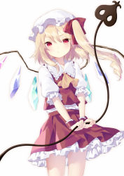 Rule 34 | 1girl, :/, :t, ascot, blonde hair, bow, commentary request, cowboy shot, crystal, eyes visible through hair, flandre scarlet, flat chest, frilled shirt collar, frills, hair bow, hat, holding, holding polearm, holding weapon, laevatein, light blush, looking at viewer, medium hair, mob cap, one side up, petticoat, polearm, pout, puffy short sleeves, puffy sleeves, purin jiisan, red bow, red eyes, red skirt, red vest, short sleeves, simple background, skirt, solo, touhou, v-shaped eyebrows, v arms, vest, weapon, white background, white hat, wings, wrist cuffs, yellow ascot
