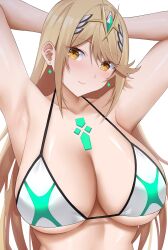 Rule 34 | 1girl, arind yudha, arms up, bikini, blonde hair, breasts, chest jewel, closed mouth, earrings, highres, jewelry, large breasts, long hair, mythra (radiant beach) (xenoblade), mythra (xenoblade), smile, solo, swimsuit, tiara, upper body, white bikini, xenoblade chronicles (series), xenoblade chronicles 2, yellow eyes