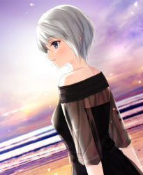 Rule 34 | 1girl, bare shoulders, beach, breasts, commentary request, from side, light smile, looking to the side, medium breasts, nayuta69, original, purple eyes, see-through, see-through sleeves, short hair, solo, sunset, white hair