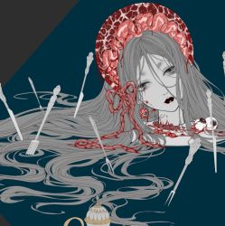 Rule 34 | 1girl, bad id, bad pixiv id, blood, bloody tears, blue background, bonnet, closed mouth, commentary request, decapitation, entrails, fork, guro, head tilt, limited palette, long hair, looking at viewer, miemia, organs, original, solo, tray, very long hair