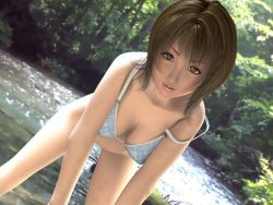 Rule 34 | 1girl, 3d, bent over, bikini, breasts, brown hair, cocoa (character), covered erect nipples, day, dutch angle, incise soul, large breasts, looking at viewer, m-rs, outdoors, photo background, plaid, plaid bikini, river, solo, strap slip, swimsuit, water