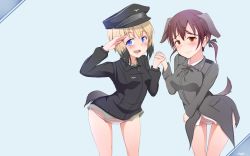 Rule 34 | 2girls, absurdres, black hair, blue eyes, blush, brown eyes, brown hair, commentary, erica hartmann, gertrud barkhorn, holding hands, hat, heart, highres, jay87k, multicolored hair, multiple girls, panties, salute, strike witches, two-tone hair, underwear, world witches series