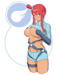 Rule 34 | 1girl, blue eyes, blush, breasts, clothes lift, creatures (company), game freak, grabbing, grabbing another&#039;s breast, gym leader, highres, large breasts, legs, looking at viewer, materclaws, nintendo, pokemon, pokemon bw, red hair, shorts, skyla (pokemon), smile, solo, thighs, underboob