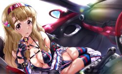 Rule 34 | 1girl, bare shoulders, blush, boots, breasts, brown eyes, brown hair, car, car interior, cleavage, fingerless gloves, gloves, hair ornament, hairband, heart, heart hair ornament, highleg, highleg leotard, highres, idolmaster, idolmaster million live!, jacket, large breasts, leotard, long hair, looking at viewer, miyao miya, motor vehicle, nail polish, open clothes, open mouth, race queen, run p (aveton), sitting, solo, striped clothes, striped thighhighs, thick eyebrows, thigh boots, thighhighs, thighs