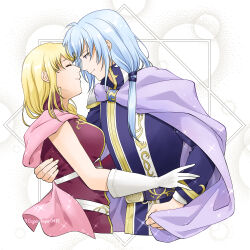 Rule 34 | 1boy, 1girl, absurdres, artist name, blonde hair, blue hair, cape, closed eyes, closed mouth, commentary request, couple, fire emblem, fire emblem: the blazing blade, gloves, hetero, highres, long hair, louise (fire emblem), midori no baku, nintendo, pent (fire emblem), purple cape, purple eyes, smile, upper body, white background, white gloves