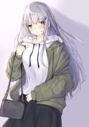 Rule 34 | 1girl, alternate costume, bag, black skirt, blush, casual, closed mouth, coat, commentary request, drawstring, facial mark, girls&#039; frontline, gradient background, green coat, green eyes, grey background, hair ornament, handbag, highres, hk416 (girls&#039; frontline), holding, holding bag, hood, hood down, hoodie, kei (limitedgirl), long sleeves, looking at viewer, looking back, open clothes, open coat, silver hair, skirt, solo, striped, vertical stripes, white hoodie