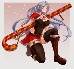Rule 34 | 10s, 1girl, absurdres, adapted costume, ahoge, belt, black thighhighs, boots, braid, breasts, brown footwear, candy, candy cane, capelet, cleavage cutout, clothing cutout, female focus, food, full body, fur-trimmed boots, fur trim, garter straps, granblue fantasy, hair between eyes, highres, knee boots, kneeling, large breasts, long hair, looking at viewer, oversized object, serious, silva (granblue fantasy), silver hair, solo, thighhighs, timu, twin braids, very long hair, wavy hair, yellow eyes, zettai ryouiki