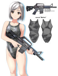 Rule 34 | 1girl, absurdres, ar-15, assault rifle, black one-piece swimsuit, breasts, brown eyes, camouflage, clothes writing, commentary request, competition swimsuit, feet out of frame, grey hair, gun, highleg, highleg swimsuit, highres, holding, holding gun, holding weapon, one-piece swimsuit, original, rifle, short hair, simple background, small breasts, solo, standing, swimsuit, takafumi, translation request, trigger discipline, variant set, weapon, white background