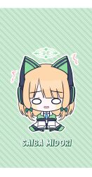 Rule 34 | 1girl, ^^^, animal ear headphones, animal ears, black shorts, blonde hair, blue archive, blue necktie, bow, character name, chibi, collared shirt, diagonal stripes, fake animal ears, full body, green background, green bow, green footwear, hair bow, halo, headphones, highres, jacket, long sleeves, looking at viewer, midori (blue archive), necktie, outline, parted lips, seno (senohime), shirt, shoes, shorts, sidelocks, sitting, sleeves past fingers, sleeves past wrists, solo, striped, striped background, suspender shorts, suspenders, wavy mouth, white jacket, white outline, white shirt, wide oval eyes, wide sleeves