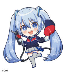 Rule 34 | 1girl, blue eyes, blue hair, blue hat, blue jacket, blue necktie, boots, chibi, collared shirt, full body, gas pump nozzle, grey footwear, grey skirt, hat, hatsune miku, holding, holding clothes, holding hat, jacket, looking at viewer, mittens, multicolored clothes, multicolored jacket, necktie, red hat, red jacket, shirt, simple background, skirt, solo, taranboman, thigh boots, two-tone headwear, two-tone jacket, unworn hat, unworn headwear, vocaloid, white background, white mittens, white shirt, yuki miku