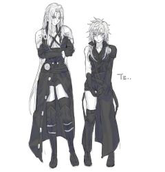 Rule 34 | 2girls, armor, belt, boots, breasts, cleavage, closed mouth, cloud strife, crossed arms, final fantasy, final fantasy vii, final fantasy vii advent children, final fantasy vii remake, genderswap, genderswap (mtf), haagi123, highres, long hair, medium breasts, multiple belts, multiple girls, sephiroth, shoulder armor, smile, spiked hair, thighhighs, turtleneck