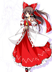 Rule 34 | 1girl, bad id, bad pixiv id, blush, bow, brown hair, clog sandals, detached sleeves, female focus, frills, gohei, hair bow, hakurei reimu, japanese clothes, long hair, miko, red eyes, reina (black spider), smile, solo, touhou, zoom layer