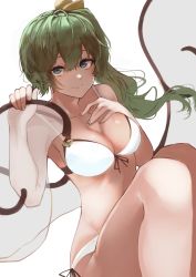 Rule 34 | 1girl, absurdres, alternate costume, bikini, blue eyes, breasts, cleavage, collarbone, commentary request, daiyousei, fairy, fairy wings, front-tie bikini top, front-tie top, green hair, grin, hand on own chest, highres, legs together, large breasts, light smile, looking at viewer, aged up, short hair, side-tie bikini bottom, side ponytail, simple background, sitting, smile, solo, swimsuit, takena-c, touhou, white background, white bikini, wings