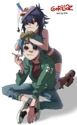 Rule 34 | 1boy, 1girl, a-ka, bags under eyes, black eyes, black sclera, blank eyes, blue hair, boots, cigarette, colored sclera, converse, cross, cross necklace, crossed arms, cyborg noodle (gorillaz), gloves, gorillaz, hair over one eye, highres, indian style, jacket, jewelry, leaning on person, mask, missing tooth, necklace, on head, pants, shirt, shoes, short hair, short shorts, shorts, sitting, sleeveless, sleeveless shirt, striped clothes, striped shirt, stuart pot, teeth, thighhighs, wristband