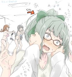 Rule 34 | 10s, @ @, admiral (kancolle), agano (kancolle), arrow (symbol), black hair, blush, bow, bra, breasts, brown hair, changing clothes, commentary request, dated, glasses, green hair, green shirt, hair bow, hair ribbon, hands on another&#039;s face, kantai collection, long hair, noshiro (kancolle), one-hour drawing challenge, open mouth, panties, ribbon, shirt, short hair, soil 7yi2i2s, standing, sweatdrop, translated, twitter username, underwear, wavy mouth, yawning, yuubari (kancolle)