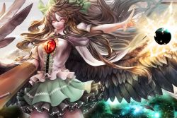 Rule 34 | 1girl, arm cannon, bad id, bad pixiv id, big hair, black wings, bow, breasts, cape, cowboy shot, energy ball, feathers, floating hair, glowing, glowing eyes, green skirt, hair bow, large breasts, large wings, light, lips, long hair, nabe (crow&#039;s head), nose, open hand, outstretched arm, puffy short sleeves, puffy sleeves, red eyes, reiuji utsuho, short sleeves, skirt, smile, solo, space, sunlight, thighs, third eye, touhou, weapon, wings