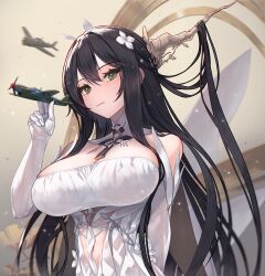 Rule 34 | 1girl, aircraft, airplane, azur lane, bare shoulders, black hair, breasts, cleavage, closed mouth, commentary request, dress, elbow gloves, flower, gloves, green eyes, hair flower, hair ornament, hand up, holding, indomitable (azur lane), large breasts, long hair, looking at viewer, mitchy1023, off shoulder, solo, upper body, white dress, white gloves