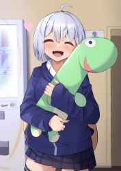 Rule 34 | 1girl, absurdres, black skirt, blue sweater, blurry, blurry background, bob cut, closed eyes, facing viewer, fang, grey hair, heart, highres, holding, holding stuffed toy, indoors, kirisame oreo, open mouth, original, school uniform, skirt, standing, stuffed toy, sweater, thighhighs, vending machine
