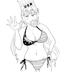 Rule 34 | 1girl, american flag bikini, american flag print, bikini, breasts, chewing gum, cleavage, flag print, green eyes, hand on own hip, highres, large breasts, looking at viewer, low twintails, monica adenauer, monochrome, navel, print bikini, smile, solo, swimsuit, twintails, yakitate!! japan