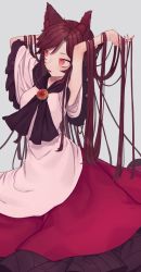Rule 34 | 1girl, animal ears, arms up, bad id, bad twitter id, blush, brooch, collarbone, fingernails, frilled sleeves, frills, gem, grey background, hands in hair, highres, imaizumi kagerou, jewelry, long fingernails, long hair, long skirt, long sleeves, looking to the side, marimo tarou, nail polish, parted lips, red eyes, red hair, red nails, red skirt, red gemstone, sanpaku, simple background, skirt, solo, standing, straight hair, touhou, very long hair, white background, wide sleeves, wolf ears