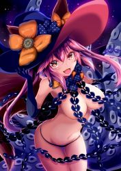 Rule 34 | 1girl, :d, abigail williams (fate), abigail williams (fate) (cosplay), abigail williams (third ascension) (fate), animal ears, black bow, black gloves, black hat, black panties, blush, bow, breasts, bright pupils, cleavage, cosplay, cowboy shot, ears visible through hair, elbow gloves, fate/grand order, fate (series), fox ears, fox tail, gloves, gluteal fold, hand on headwear, hand up, hat, hat bow, large breasts, leaning forward, long hair, looking at viewer, looking back, navel, no bra, open mouth, orange bow, panties, pink eyes, revealing clothes, saboten teishoku, smile, solo, standing, star (symbol), star print, stomach, tail, tamamo (fate), tamamo no mae (fate/extra), tentacles, thigh gap, thighs, underwear, witch hat