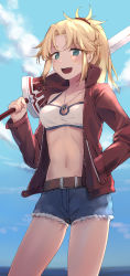 Rule 34 | 10s, 1girl, :d, belt, blonde hair, blue shorts, blue sky, breasts, clarent (fate), cleavage, cloud, cowboy shot, day, denim, denim shorts, fate/extra, fate (series), green eyes, hair between eyes, hair ornament, hair scrunchie, hand in pocket, highres, holding, holding sword, holding weapon, jacket, jewelry, long hair, mordred (fate), mordred (fate/apocrypha), mordred (memories at trifas) (fate), navel, necklace, open clothes, open jacket, open mouth, ponytail, red jacket, red scrunchie, scrunchie, short shorts, shorts, sky, small breasts, smile, solo, standing, sword, weapon, yorktown cv-5