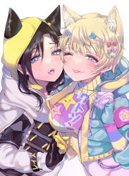 Rule 34 | 2girls, ;p, absurdres, animal ear fluff, animal ears, animification, apex legends, black gloves, black hair, blonde hair, blue eyes, blue gloves, blue jacket, blush, bodysuit, bow, breasts, cheek-to-cheek, closed mouth, commentary request, cropped jacket, drawstring, facial mark, fang, fang out, fangs, gloves, green bow, hair between eyes, hair bow, hair ornament, hairclip, heads together, heart, heart hair ornament, highres, hood, hood down, hood up, hooded jacket, jacket, kawaii voltage wattson, kayanogura, kemonomimi mode, long sleeves, looking at viewer, medium breasts, multiple girls, one eye closed, open clothes, open jacket, open mouth, parted bangs, pink bow, red bow, shirt, simple background, smile, sweater, tongue, tongue out, turtleneck, turtleneck sweater, void prowler wraith, wattson (apex legends), white background, white bodysuit, white shirt, wraith (apex legends), yellow sweater