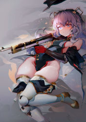 Rule 34 | 1girl, absurdres, assault rifle, automatic rifle, bad id, bad pixiv id, bare shoulders, black leotard, blue eyes, breasts, finger on trigger, foot out of frame, full body, girls&#039; frontline, gloves, gun, highleg, highleg leotard, highres, holding, holding gun, holding weapon, leotard, long hair, lying, off shoulder, on back, purple hair, ribeyrolles (girls&#039; frontline), ribeyrolles 1918, rifle, shiro kanae, skin tight, skindentation, small breasts, solo, thighs, weapon, white legwear