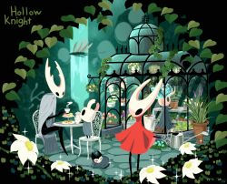 Rule 34 | 1girl, arizuka (catacombe), broken vessel (hollow knight), chair, cloak, copyright name, flower, food, grimmchild, hollow knight, hollow knight (character), hornet (hollow knight), knight (hollow knight), lily pad, plant, potted plant, purple flower, red cloak, sitting, sleeping, standing, table, watering can, white coak, white flower