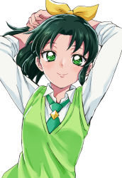 Rule 34 | 1girl, arms up, bow, closed mouth, collared shirt, floating hair, green eyes, green hair, green neckwear, green sweater, green sweater vest, hair bow, highres, long sleeves, looking at viewer, midorikawa nao, ponytail, precure, school uniform, sharumon, shirt, simple background, smile, smile precure!, solo, sweater, sweater vest, upper body, white background, white shirt, wing collar, yellow bow