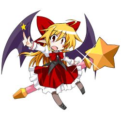 Rule 34 | 1girl, ahoge, bat wings, blonde hair, bow, bowtie, chibi, demon wings, dress, elis (touhou), facepaint, fang, female focus, hair bow, hemogurobin a1c, hemogurobina1c, highly responsive to prayers, index finger raised, lowres, open mouth, pantyhose, pointy ears, red eyes, simple background, solo, star (symbol), touhou, touhou (pc-98), wand, wings