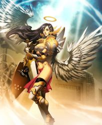 Rule 34 | 1girl, angel, armor, bikini armor, black hair, genzoman, halo, shield, sword, weapon, wings