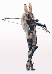 Rule 34 | 00s, absurdres, animal ears, armor, bow (weapon), rabbit ears, crossed arms, dark skin, final fantasy, final fantasy xii, fran (ff12), full body, helmet, high heels, highres, long hair, looking at viewer, standing, transparent background, weapon, white background, white hair