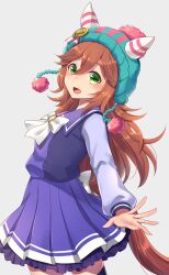 Rule 34 | 1girl, animal ears, beanie, breasts, brown hair, green eyes, hair between eyes, hair ornament, hat, highres, horse ears, horse girl, horse tail, long hair, looking at viewer, mohuta1203, pom pom (clothes), pom pom beanie, ribbon, samson big (umamusume), school uniform, simple background, small breasts, solo, tail, tracen school uniform, umamusume, white background