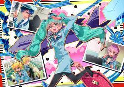 Rule 34 | 2boys, 3girls, aircraft, airplane, baby white, bad id, bad pixiv id, blonde hair, blue hair, flight attendant, green eyes, green hair, hat, hatsune miku, headphones, headset, kagamine len, kagamine rin, kaito (vocaloid), long hair, megurine luka, multiple boys, multiple girls, one eye closed, open mouth, pantyhose, pink hair, salute, skirt, travel attendant, thumbs up, twintails, very long hair, vocaloid, wink