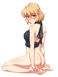 Rule 34 | 1girl, ass, back, bare shoulders, blonde hair, blush, bottomless, breasts, cropped sweater, feet, from behind, frown, full body, green eyes, halterneck, looking at viewer, looking back, medium breasts, medium hair, mizuhashi parsee, nose blush, ootsuki wataru, pointy ears, ribbed sweater, shoulder blades, simple background, sitting, soles, solo, sweat, sweater, thighs, toes, touhou, turtleneck, turtleneck sweater, wariza, white background