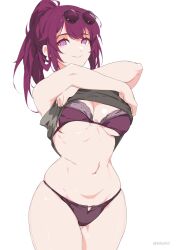 1girl black_shirt bra breasts clothes_lift commentary_request cowboy_shot eyewear_on_head highres honkai:_star_rail honkai_(series) kafka_(honkai:_star_rail) kili_kilio large_breasts lifting_own_clothes medium_hair navel panties purple_bra purple_eyes purple_hair purple_panties round_eyewear shirt shirt_lift simple_background smile solo stomach thighs twitter_username underwear undressing white_background