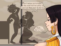 Rule 34 | 1boy, 2girls, agal1502, black hair, boa hancock, earrings, english text, highres, huge penis, jewelry, long hair, looking at viewer, monkey d. luffy, multiple girls, nami (one piece), nude, one piece, paizuri, penis, piercing, scar, scar on chest, sex, silhouette, speech bubble, sweat