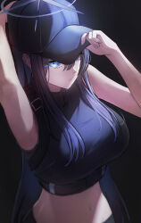 Rule 34 | 1girl, absurdres, armpits, arms up, bare shoulders, baseball cap, black hair, black hat, black pants, black shirt, blue archive, blue eyes, breasts, chest harness, commentary, cowboy shot, crop top, groin, halo, harness, hat, highres, large breasts, long hair, midriff, navel, no coat, no mask, pants, parted lips, reso l, saori (blue archive), shirt, sleeveless, sleeveless shirt, solo, standing, underbust