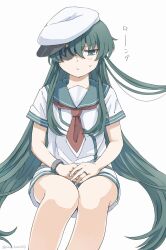 Rule 34 | 1girl, alternate hair length, alternate hairstyle, blue eyes, blue hair, blue sailor collar, blush, closed mouth, hair between eyes, hat, highres, invisible chair, jewelry, kantai collection, kiso (kancolle), long hair, narukan, neckerchief, red neckerchief, ring, sailor collar, school uniform, serafuku, short shorts, shorts, simple background, sitting, solo, sweat, twitter username, very long hair, wedding ring, white background, white hat, white shorts