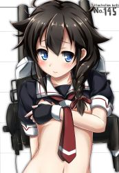 Rule 34 | 10s, 1girl, ahoge, belly, black gloves, black hair, blue eyes, braid, cannon, covering privates, covering breasts, fingerless gloves, gloves, hair flaps, hair over shoulder, hair ribbon, kantai collection, machinery, necktie, ribbon, school uniform, serafuku, shigure (kancolle), shigure kai ni (kancolle), single braid, solo, torn clothes, yufuissei0702