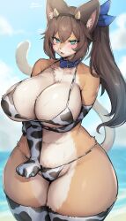 Rule 34 | 1girl, absurdres, animal ears, animal nose, animal print, aqua eyes, beach, blue sky, blush, borrowed character, breasts, brown fur, brown hair, cloud, cow horns, cow print, cow print bikini, day, elbow gloves, fake horns, fang, fangs, furry, furry female, gloves, highres, horns, large breasts, long hair, looking at viewer, ocean, open mouth, original, outdoors, ponytail, print bikini, print gloves, skin fang, sky, snout, solo, suurin (ksyaro), thick thighs, thighs, twitter username, two-tone fur, white fur