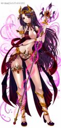 Rule 34 | 1girl, akari1205, blush, breasts, character request, cleavage, copyright name, demon horns, fake horns, hairband, highres, horns, jewelry, long hair, lots of jewelry, magic, midriff, navel, official art, purple eyes, purple hair, revealing clothes, scepter, simple background, skull, smile, snake, solo, swept bangs, unison quest, very long hair, white background