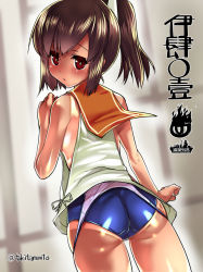 Rule 34 | 10s, 1girl, ass, bad id, bad nicoseiga id, blush, brown hair, clothes pull, from behind, hair ornament, hand on own head, i-401 (kancolle), kantai collection, long hair, looking at viewer, one-piece swimsuit, one-piece swimsuit pull, one-piece tan, ponytail, red eyes, school swimsuit, solo, swimsuit, swimsuit under clothes, tan, tanline, tokita monta, twitter username