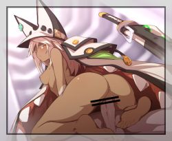 Rule 34 | 1boy, 1girl, anus, ass, bar censor, barefoot, blush, border, bottomless, breasts, censored, cloak, clover, commentary, cowgirl position, dark-skinned female, dark skin, erection, feet, four-leaf clover, from behind, girl on top, guilty gear, guilty gear xrd, hat, hetero, looking at viewer, looking back, nipples, no bra, orange eyes, penis, pussy, ramlethal valentine, sex, small breasts, soles, straddling, sword, tan, toes, topless, transparent, transparent border, vaginal, waero, weapon, white hair